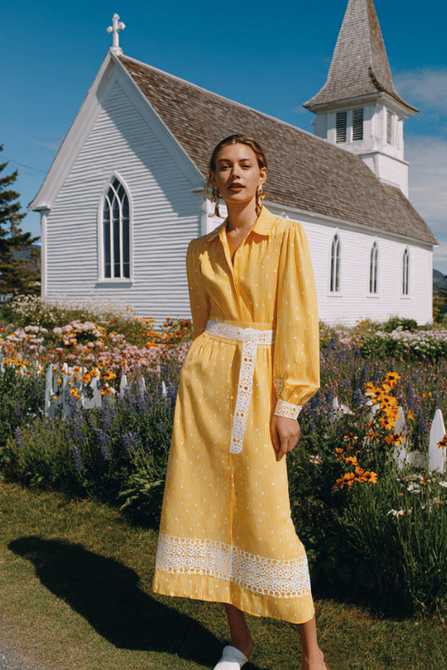 Modest church outfit with a yellow long sleeve midi dress, white belt, and white flats beside a charming countryside chapel and flower garden 