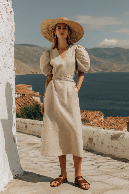 Modest summer outfit for Christian women, lightweight linen midi dress with puff sleeves, woven straw hat, leather sandals, minimal jewelry, standing in a Mediterranean coastal town