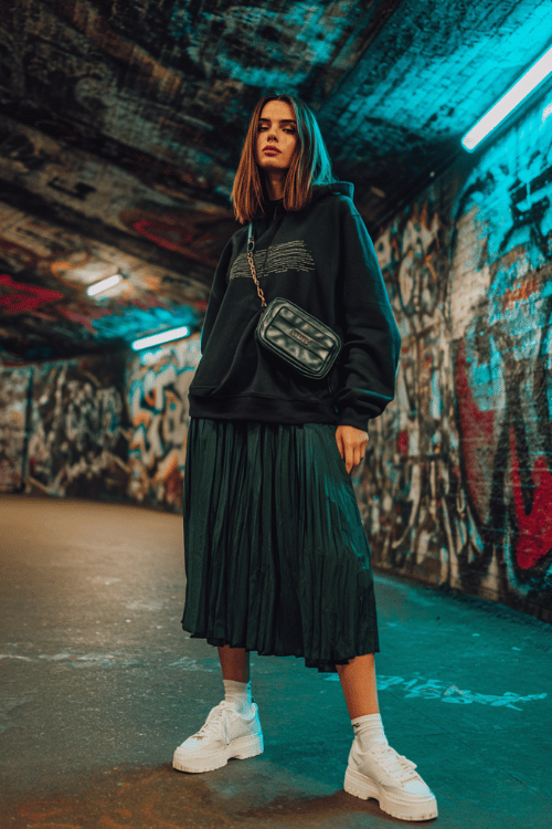 Oversized black hoodie paired with a flowing pleated midi skirt creates a cool street style outfit perfect for city walks, casual nights out, or edgy urban fashion looks