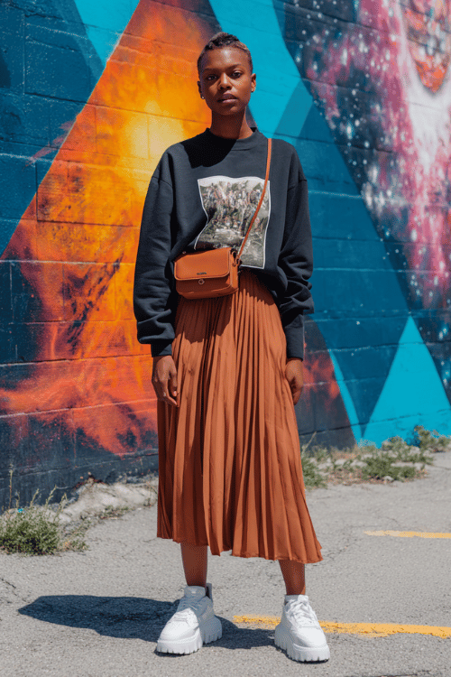 Oversized graphic sweatshirt paired with a flowy rust pleated skirt creates a cool street style outfit that feels relaxed but still fashion-forward