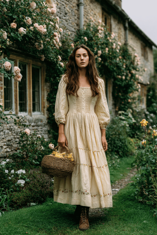 Romantic cottagecore outfit with a soft cream floral maxi dress styled with lace-up boots and a woven basket bag for a charming countryside-inspired look 