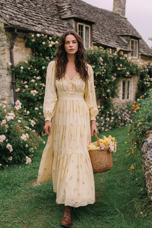 Romantic cottagecore outfit with a soft cream floral maxi dress styled with lace-up boots and a woven basket bag for a charming countryside-inspired look 