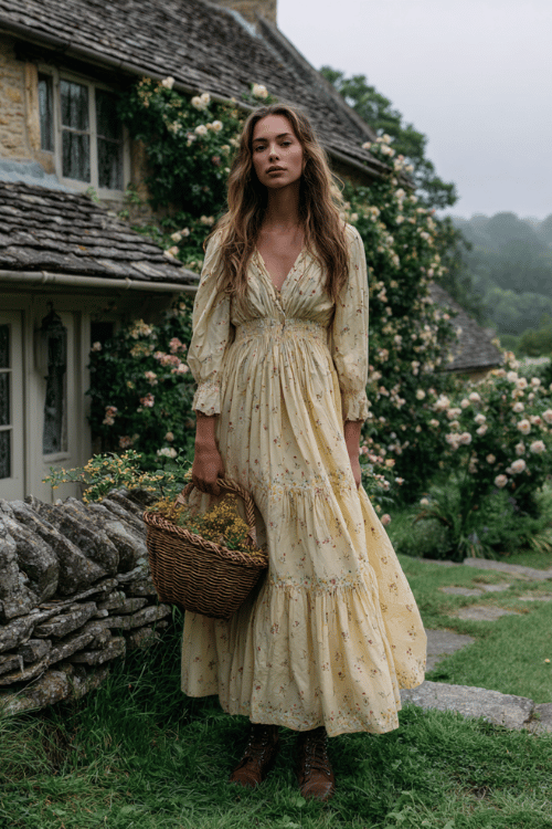 Romantic cottagecore outfit with a soft cream floral maxi dress styled with lace-up boots and a woven basket bag for a charming countryside-inspired look