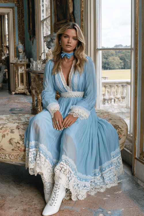 Romantic powder blue lace dress with sheer sleeves and vintage-inspired details creates a soft fairytale look perfect for garden parties, castle photoshoots, or dreamy bridal events