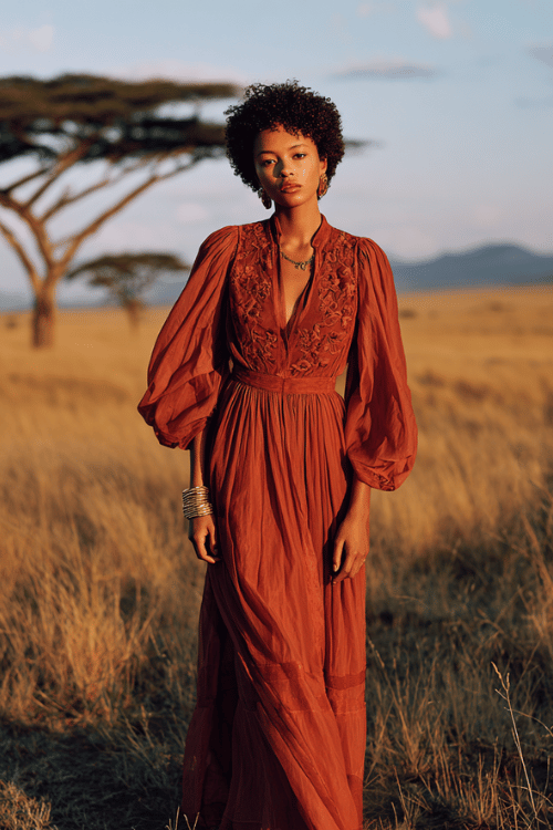 Rusty terracotta maxi dress with embroidered detailing and dramatic puff sleeves creates a rich bohemian look