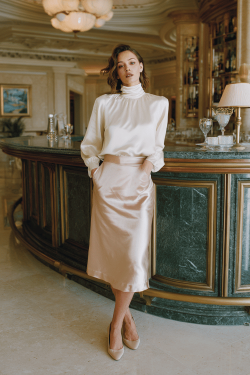 Sophisticated modest evening outfit for Christian women, champagne satin midi skirt paired with a high-neck silk blouse, delicate heels, soft glamorous makeup, luxury hotel interior