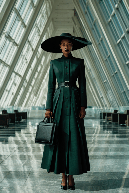 Structured dark emerald coat dress with sharp tailoring and a dramatic wide-brim hat creates a powerful high-fashion look