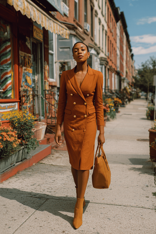 Tailored brown blazer paired with a matching midi skirt creates a powerful classy outfit perfect for office styling, business lunches, or chic city walks 
