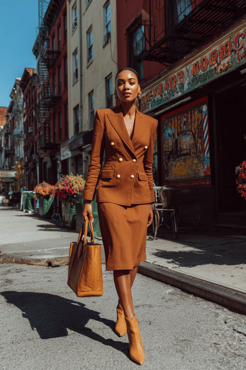 Tailored brown blazer paired with a matching midi skirt creates a powerful classy outfit perfect for office styling, business lunches, or chic city walks