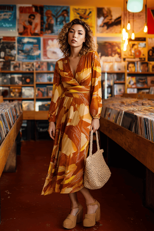 Warm-toned wrap midi dress with abstract retro prints creates a stylish vintage-inspired outfit perfect for record store dates, brunch outings, or casual creative events