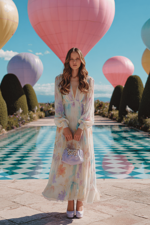 Whimsical pastel outfit with a soft floral midi dress featuring sheer polka-dot sleeves for a dreamy feminine look 