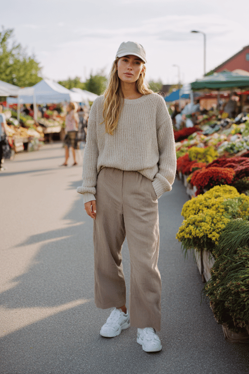 Woman wearing a beige knit sweater with loose taupe pants, white sneakers, and a baseball cap at an outdoor farmers market