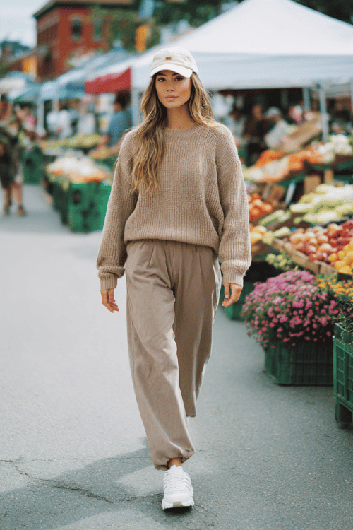 Woman wearing a beige knit sweater with loose taupe pants, white sneakers, and a baseball cap at an outdoor farmers market