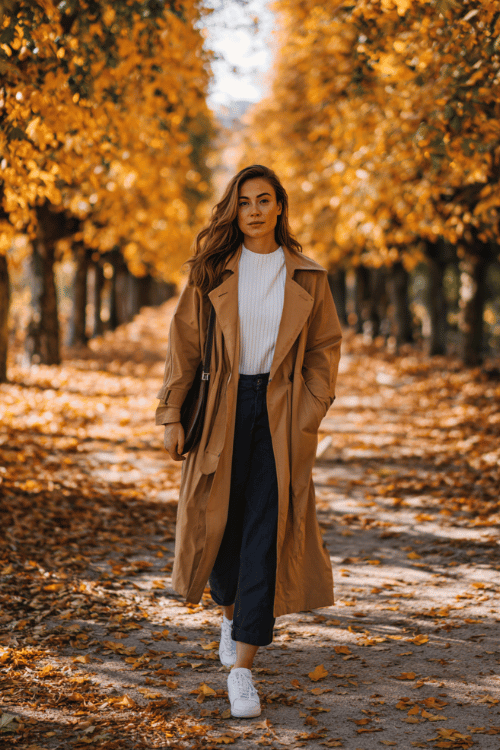 Woman wearing a beige trench coat with a white sweater, dark cropped jeans, and white sneakers walking along a tree-lined path in autumn