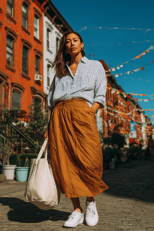 Woman wearing a blue striped button-up shirt with a rust-colored midi skirt, white sneakers, and sunglasses walking on a sunny city street