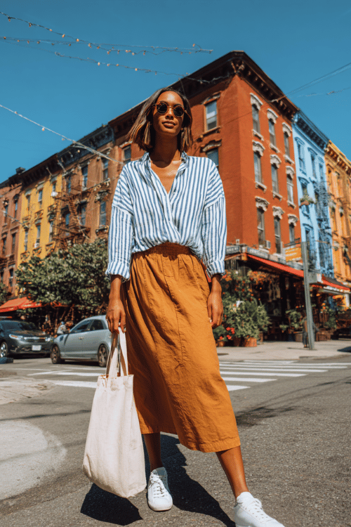 Woman wearing a blue striped button-up shirt with a rust-colored midi skirt, white sneakers, and sunglasses walking on a sunny city street