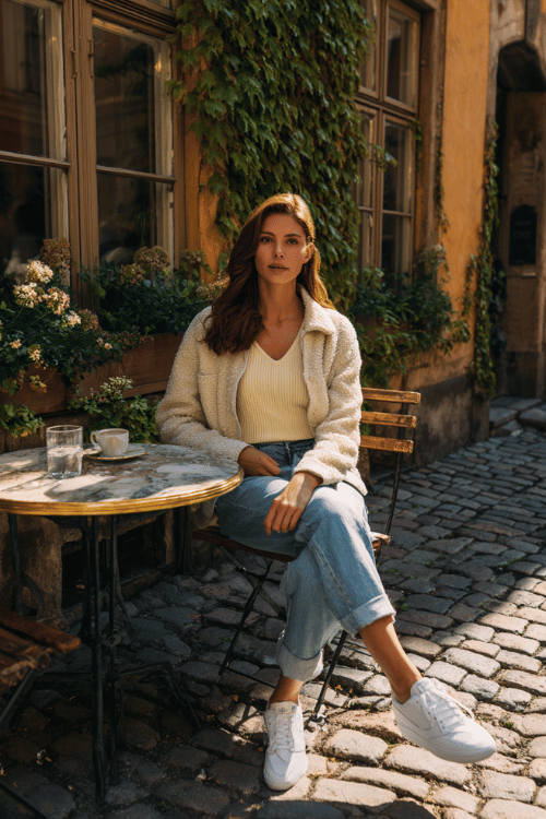 Woman wearing a cream tank top with light wash jeans, a shearling denim jacket, and white sneakers sitting at a cozy outdoor cafe on a cobblestone street