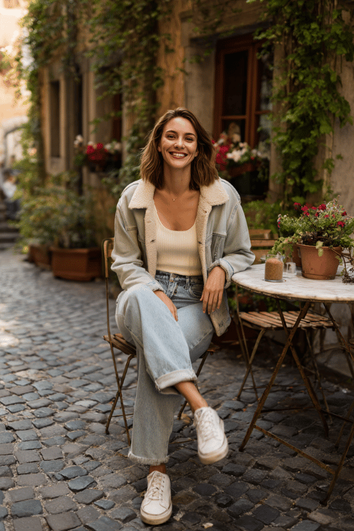 Woman wearing a cream tank top with light wash jeans, a shearling denim jacket, and white sneakers sitting at a cozy outdoor cafe on a cobblestone street