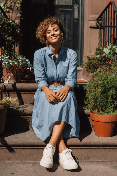 Woman wearing a light blue belted shirt dress with white sneakers sitting on brownstone steps surrounded by potted plants