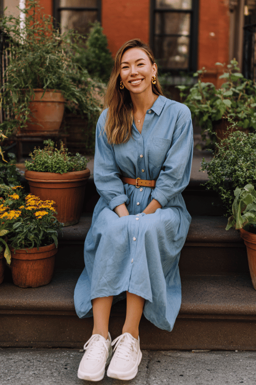 Woman wearing a light blue belted shirt dress with white sneakers sitting on brownstone steps surrounded by potted plants