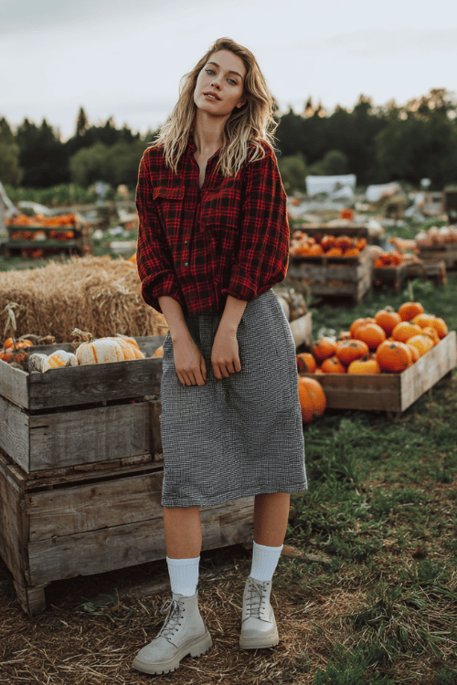 Woman wearing a red plaid flannel shirt with a gray midi skirt, white socks, and lace-up boots standing at a pumpkin patch in fall