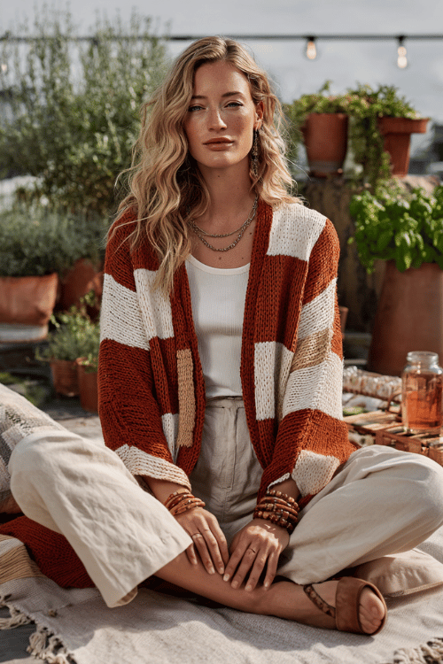 Woman wearing a rust-colored kimono over a white tank top and cream wide-leg pants sitting on a rooftop garden terrace with layered boho jewelry