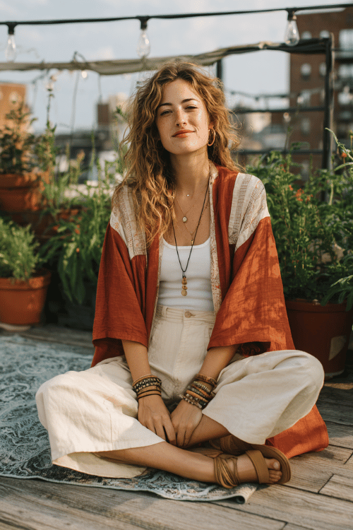 Woman wearing a rust-colored kimono over a white tank top and cream wide-leg pants sitting on a rooftop garden terrace with layered boho jewelry