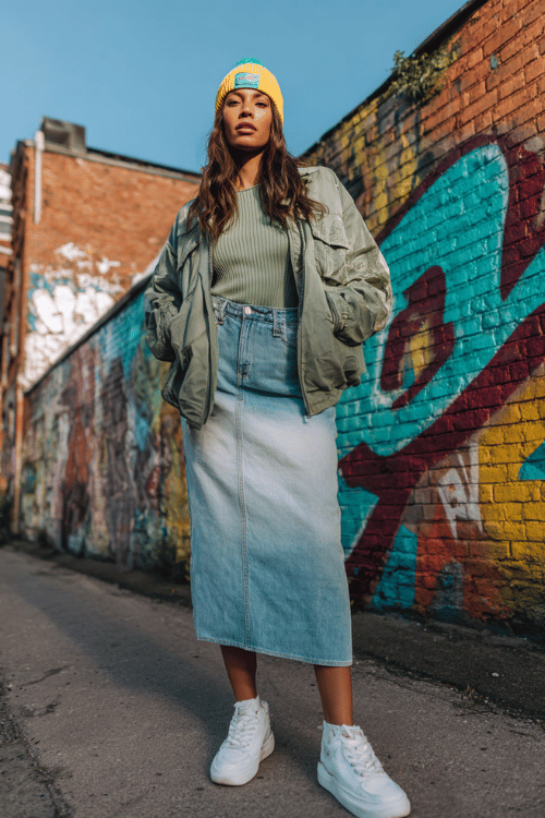 Woman wearing a sage green bomber jacket with a denim midi skirt, yellow beanie, and white sneakers standing in front of a colorful graffiti wall