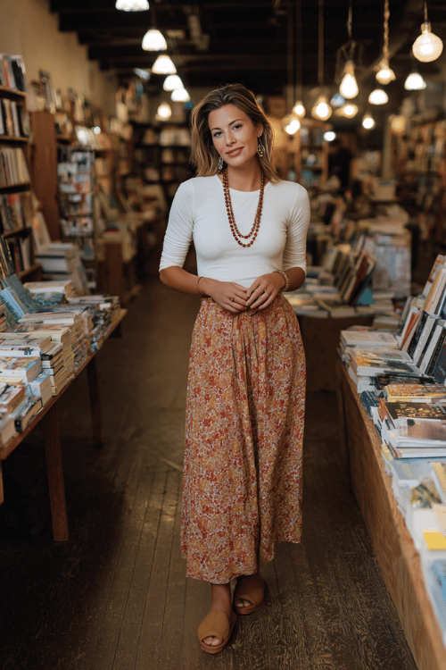 Woman wearing a white fitted top with a floral maxi skirt and layered necklaces standing inside a cozy bookstore