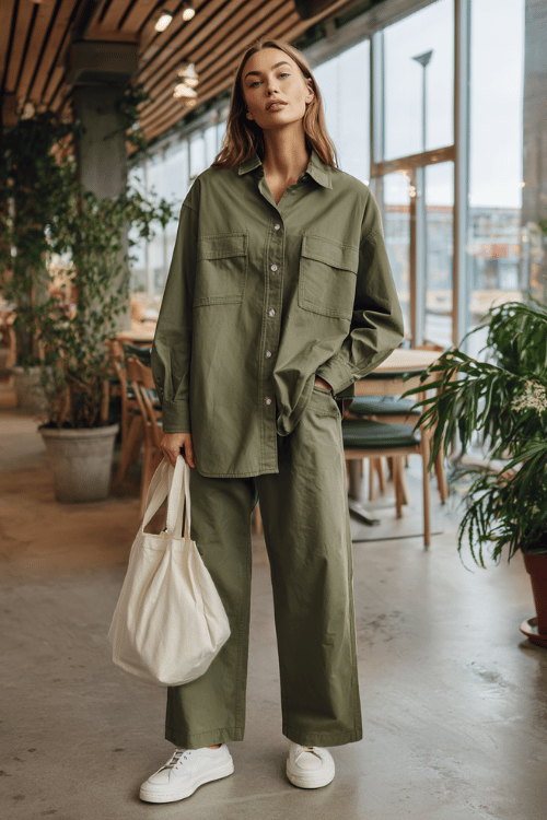 Woman wearing an olive green oversized button-up shirt with matching wide-leg pants and white sneakers in a cozy cafe with hanging plants