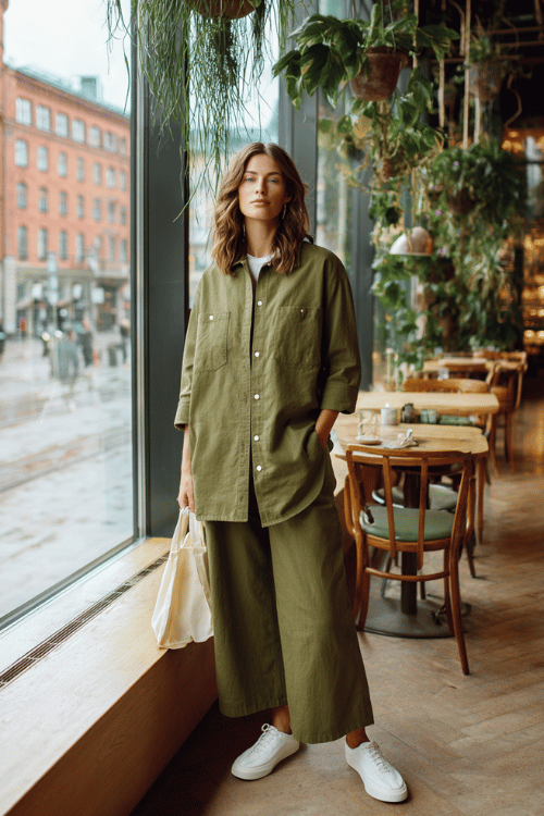 Woman wearing an olive green oversized button-up shirt with matching wide-leg pants and white sneakers in a cozy cafe with hanging plants
