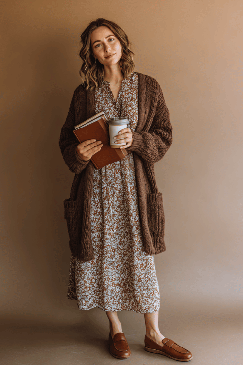 Young Christian woman in a cozy modest casual outfit, oversized knit cardigan layered over a floral ankle-length dress, brown leather flats, holding a Bible and coffee cup