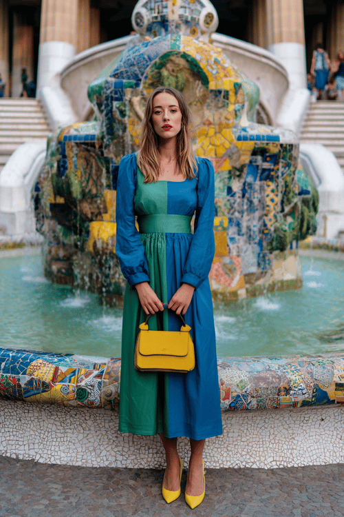 a bold woman in her 30s wearing a striking color-blocked long-sleeve midi dress in cobalt blue and emerald green with a structured bodice and flowing skirt