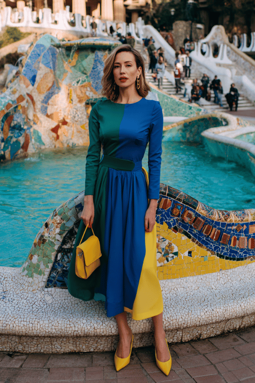 a bold woman in her 30s wearing a striking color-blocked long-sleeve midi dress in cobalt blue and emerald green with a structured bodice and flowing skirt