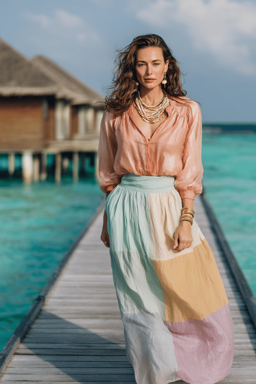 a carefree woman wearing a dreamy pastel patchwork long skirt in shades of peach, mint and lavender paired with a matching long-sleeve smocked blouse