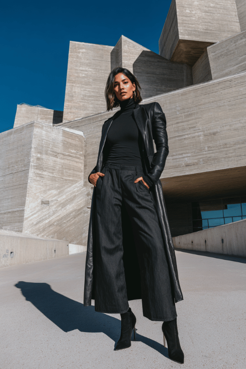 a confident woman in her 30s wearing a sleek monochromatic all-black ensemble a long-sleeve mock-neck fitted top and high-waisted wide-leg trousers layered
