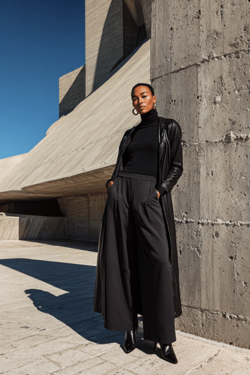 a confident woman in her 30s wearing a sleek monochromatic all-black ensemble a long-sleeve mock-neck fitted top and high-waisted wide-leg trousers layered