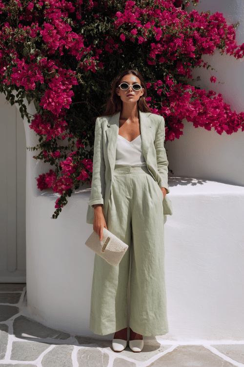 a confident woman wearing a structured linen co-ord set wide palazzo trousers and a long-sleeve relaxed blazer in sage green paired with white leather mules 