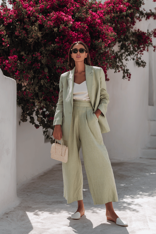 a confident woman wearing a structured linen co-ord set wide palazzo trousers and a long-sleeve relaxed blazer in sage green paired with white leather mules