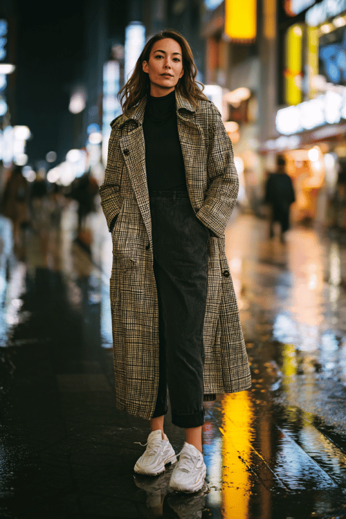 a cool woman in her 40s wearing an oversized houndstooth trench coat belted at the waist over a ribbed black turtleneck and straight cropped trousers
