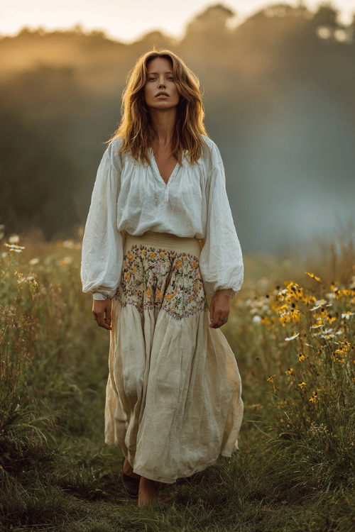 a graceful woman in her 40s wearing a hand-embroidered boho-style long linen skirt in cream with intricate floral details, paired with a billowing off-white peasant blouse