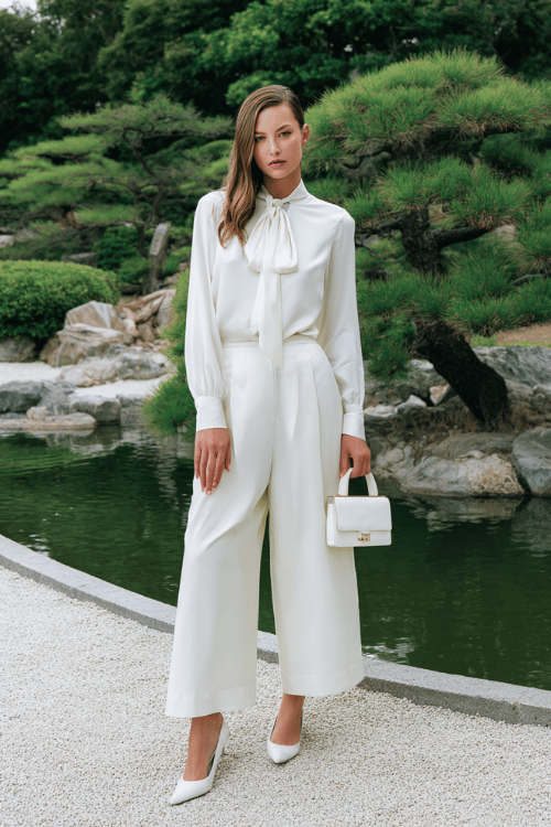 a graceful woman wearing a classic monochromatic all-white ensemble a long-sleeve silk blouse with a delicate bow tie neckline and wide-leg tailored trousers in crisp white