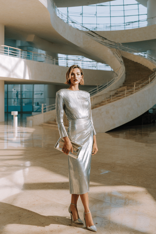 a luminous woman in her 30s wearing an elegant long-sleeve pleated midi dress in liquid silver with subtle iridescent shimmer, paired with silver strappy heeled sandals