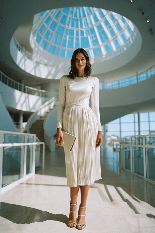 a luminous woman in her 30s wearing an elegant long-sleeve pleated midi dress in liquid silver with subtle iridescent shimmer, paired with silver strappy heeled sandals