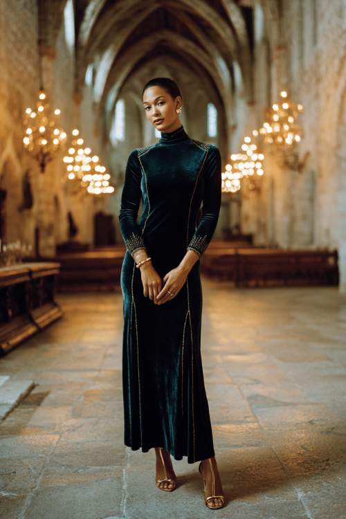 a luminous woman wearing a luxurious long-sleeve velvet maxi dress in deep emerald green with a graceful high neckline and subtle gold embroidery detailing