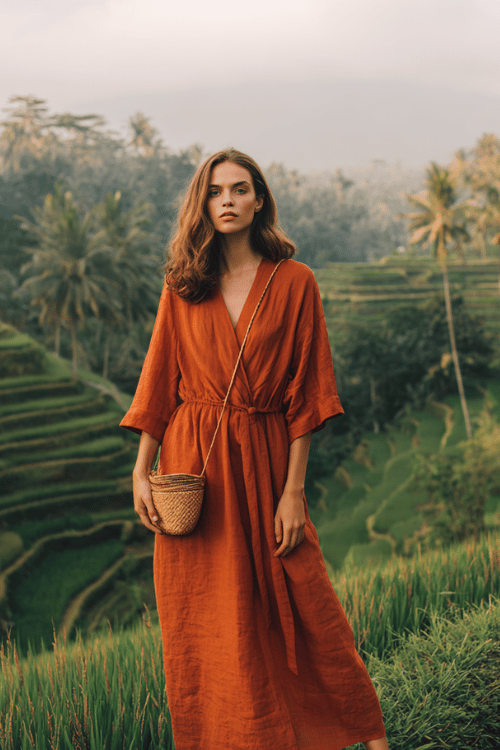 a luminous woman wearing a relaxed wide-sleeve linen maxi dress in warm terracotta with a modest wrap neckline and drawstring waist