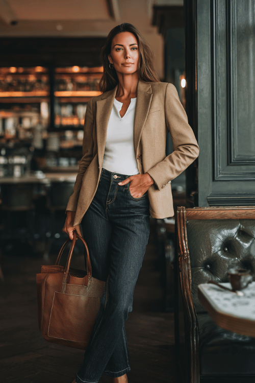 a poised woman in her 40s wearing a tailored blazer in camel tone over a white mock-neck top and straight-leg dark denim jeans, carrying a leather tote bag