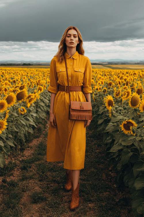 a poised woman wearing a structured modest shirtdress in warm saffron yellow with elbow-length sleeves, a belted waist and a flowing midi-length skirt