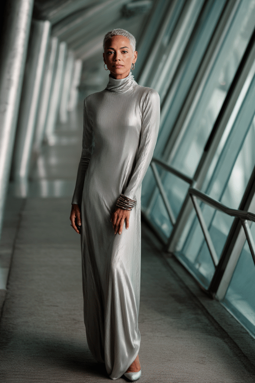 a powerful woman in her 40s wearing a sleek floor-length turtleneck dress in liquid silver fabric that flows dramatically, paired with pointed silver metallic heels