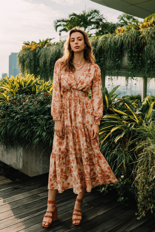 a radiant woman in her 30s wearing a feminine floral printed long-sleeve midi dress in warm peach and cream with a smocked bodice and tiered skirt,